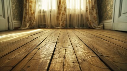 Wall Mural - Wooden floorboards in a room with a large window. AI.