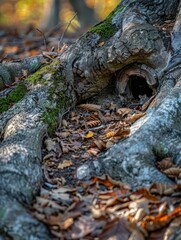 Poster - A small mouse peeks out of its hole in a tree trunk. AI.