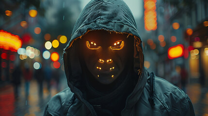 a man in a hooded jacket with glowing eyes