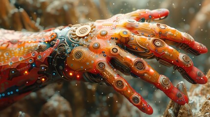 A digital artwork that blends traditional hand motifs with futuristic elements.