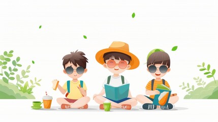 Wall Mural - Bright Summer Educational Picnic with Children, Books, and Snacks - Flat Design Illustration