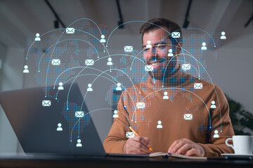 Wall Mural - thoughtful businessman in casual wear typing on laptop at office workplace. concept of distant work,