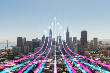 Wall Mural - San Francisco skyline with superimposed holographic arrows ascending, digital composite on a sunny day. Future technology concept. Double exposure