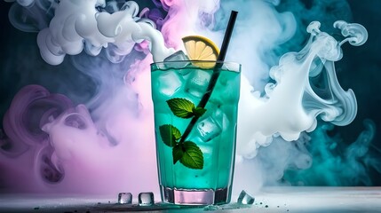 Wall Mural - Lemonade with ice and mint colored smoke