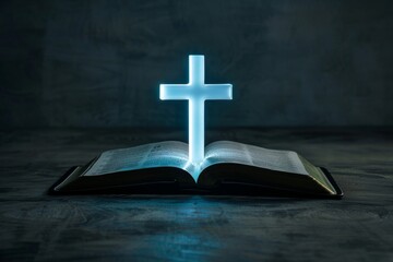 An open Bible sits against a dark black background. The pages glow softly. with a glowing cross in the middle