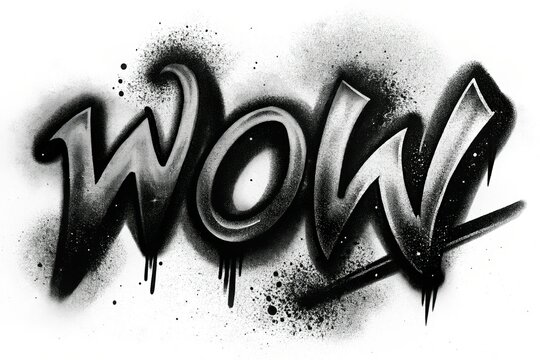 Wow text written with black ink spray isolated on white background