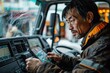 © Thanyaporn - A professional driver is seated in a modern delivery truck, using a digital tablet to check the delivery schedule and routes for the day. The high-tech dashboard and equipment emphasize the