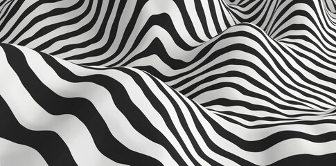 Poster - black and white line pattern, vector background design for poster, banner or cover with wavy striped texture. illustration of op art optical illusion in the style of vector illustration.