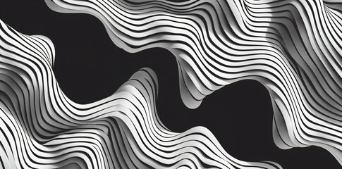 Poster - black and white line pattern, vector background design for poster, banner or cover with wavy striped texture. illustration of op art optical illusion in the style of vector illustration.