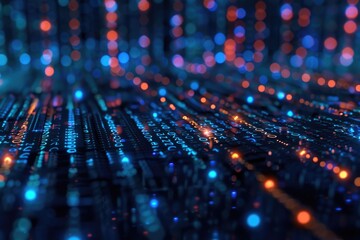 Poster - A close-up of a computer keyboard lit by bright blue and orange lights, perfect for use in tech-related illustrations or designs