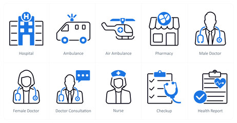 Sticker - A set of 10 Medical icons as hospital, ambulance, air ambulance