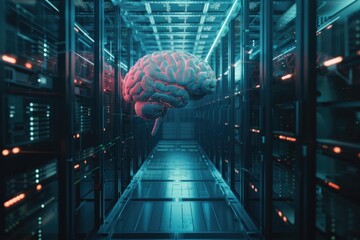Poster - A computer room with a brain in the middle, ideal for science and technology concepts