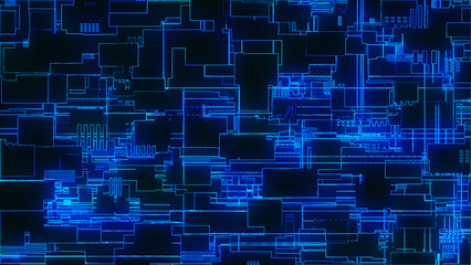 Poster - Printed circuit board. Visualization of advanced technology concept: PCB processor microchip, digitization of neural networks and cloud computing. Digital lines transmit data. 