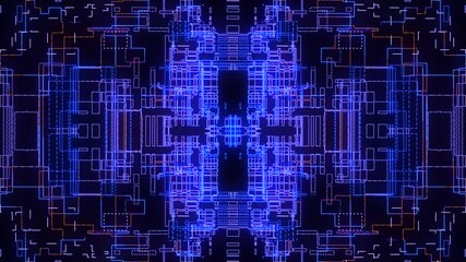 Poster - Printed circuit board. Advanced technology concept visualization: PCB processor microchip, neural network digitization and cloud computing. Digital lines transmit data. 4K animation