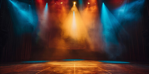 Wall Mural - banner background of an empty stage with colorful spotlights and copy space