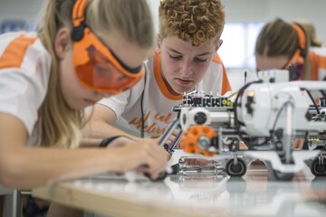 Poster - Documentary Photography of a mixed-gender team of students testing and refining their robot, capturing the trial-and-error process and the collaborative problem-solving in a realistic and authentic