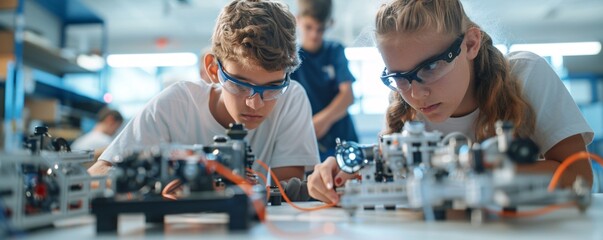 Poster - Documentary Photography of students collaborating on a robotics project, capturing the intricate teamwork and innovation, set in a modern classroom environment, emphasizing the detailed interaction