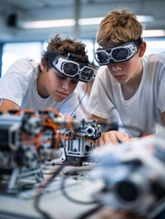 Poster - Documentary Photography of students collaborating on a robotics project, capturing the intricate teamwork and innovation, set in a modern classroom environment, emphasizing the detailed interaction
