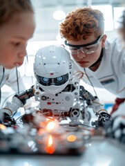 Poster - Editorial Photography of a diverse team of students assembling a robot, highlighting the focused expressions and the advanced technology they are working with, set against the backdrop of a