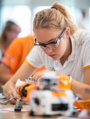 Poster - Documentary Photography of a mixed-gender team of students testing and refining their robot, capturing the trial-and-error process and the collaborative problem-solving in a realistic and authentic
