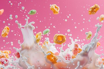 Brightly colored cereal pieces flying through the air, splashed with milk, against a vibrant pink sky background