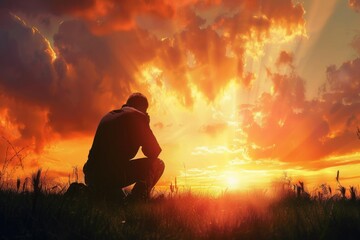 Christian prayer. Man on his knees praying on sunset background. Kneeling prayer to God. Worship and praise