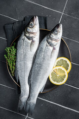 Wall Mural - Fresh Raw Sea Bass fish with lemon and thyme. Black background. Top view