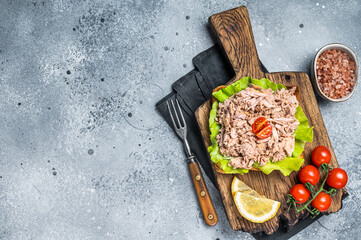 Wall Mural - Toast with Canned Tuna fish fillet and salad. Gray background. Top view. Copy space