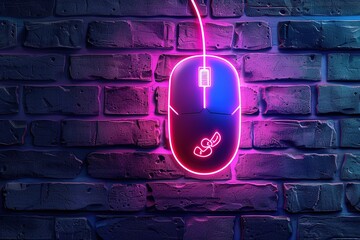 Wall Mural - PC mouse neon icon. Elements of business set. Simple icon for websites, web design, mobile app, info graphics isolated on brick wall