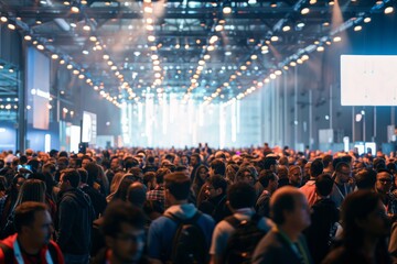 Wall Mural - A large crowd gathers in a bustling convention hall at a technology conference