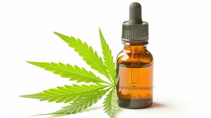 Isolated bottle of cannabis sativa essential oil with green leaf on white background