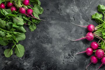 Wall Mural - A bunch of freshly harvested purple radishes with green tops on a black stone background