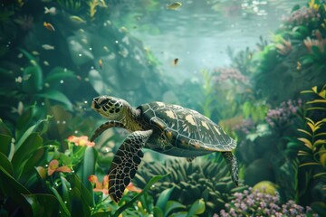 Wall Mural - A turtle swims in an aquarium surrounded by lush green plants