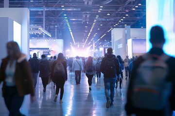 Wall Mural - A large group of attendees navigate a bustling convention hall at a tech conference, their paths illuminated by bright overhead lights