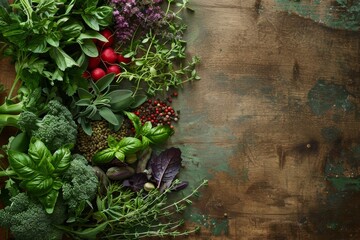 Wall Mural - Fresh herbs and spices are knolling on a wooden table: basil, thyme, sage, rosemary, parsley, broccoli, and red peppercorns