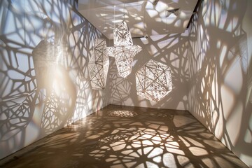 Wall Mural - Abstract installation with suspended geometric shapes, casting intricate shadows on the walls, Generative AI