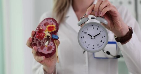 Wall Mural - Woman doctor holds kidney model and alarm clock in hospital