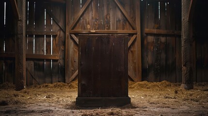 A wooden box is sitting in a barn