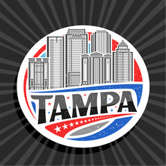 Wall Mural - Vector logo for Tampa, white decorative circle tag with line illustration of urban tampa bay city scape on day sky background, art design refrigerator magnet with unique lettering for black text tampa