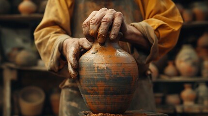 the hands of a potter who shapes a vase, do pottery