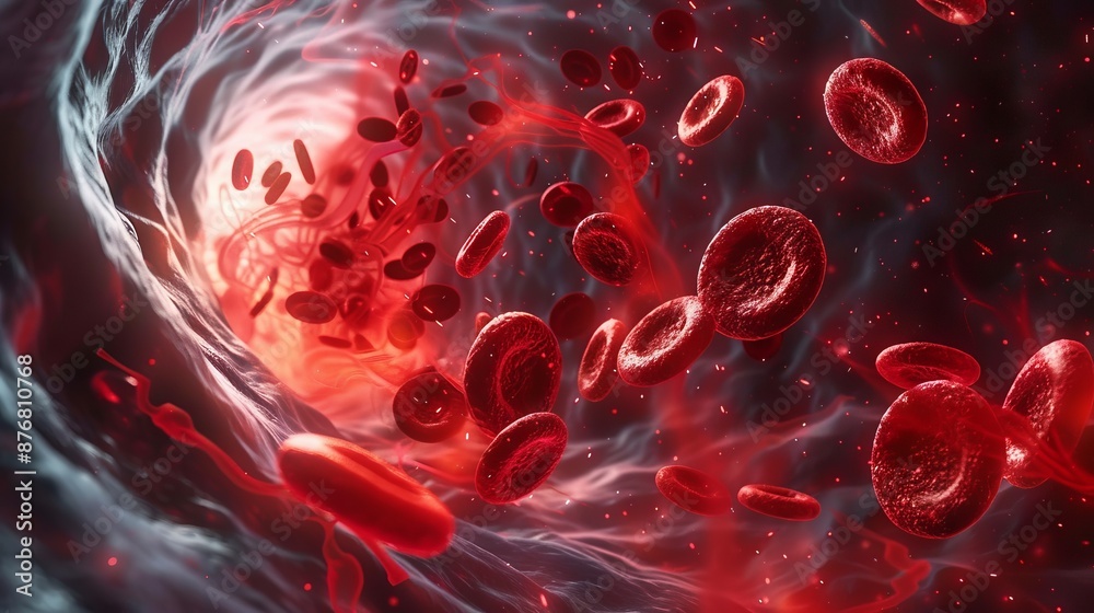 Abstract illustration of red blood cells flowing through a vein ...
