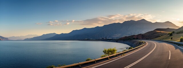 panorama of the road at sunrise. travel concept. time to travel beautiful panoramic landscape. aspha