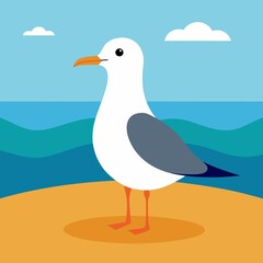 Wall Mural - White Seagull Standing on Sandy Beach, Blue Ocean Background