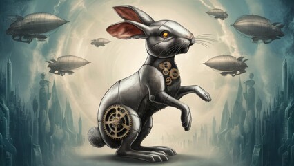 Poster - A rabbit with a steampunk design on its back and flying machines, AI