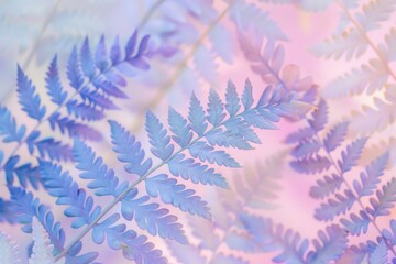 Poster - A close-up view of delicate fern fronds in a soft, ethereal palette of pastel blue, lavender, and blush