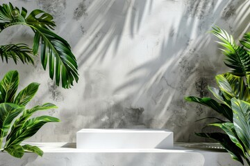 Poster - A white rectangular podium display stand sits in front of a textured concrete wall. Two tropical plants flank the podium, with sunlight casting shadows of the leaves on the wall