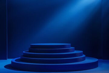 Poster - A round, navy blue stage with subtle lighting illuminates its contours. The stage is composed of four tiers, arranged in a graduated size with a blue background