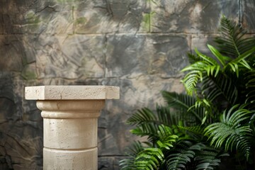Poster - A beige pedestal with a flat top sits in front of a gray textured brick wall. Lush green ferns are visible on the right side of the image