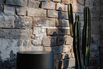 Poster - A black pedestal sits in front of a brick wall with a tall, green cactus plant in the background