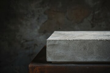 Poster - A gray concrete pedestal sits atop a dark metal base. Soft lighting highlights the textured surface of the pedestal